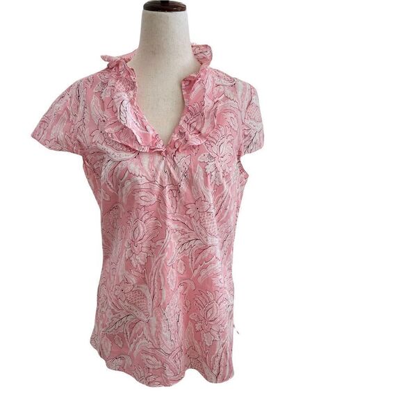 Talbots Pink Floral Damask Ruffle V Neck Cap Sleeve Cotton Blouse Small - Picture 2 of 7
